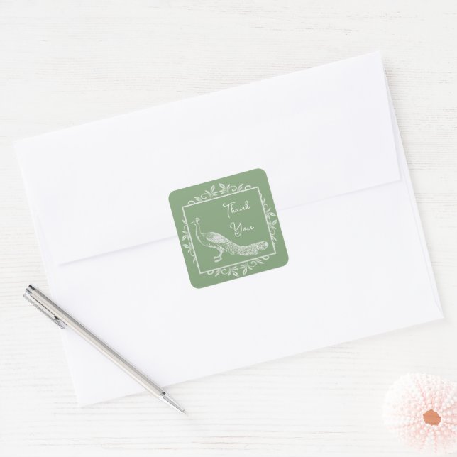 Adesivo Quadrado Casamento Farto de Moss Green Peacock Obrigado (Envelope)