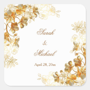 Adesivo Quadrado Casamento Floral 3D Dourado