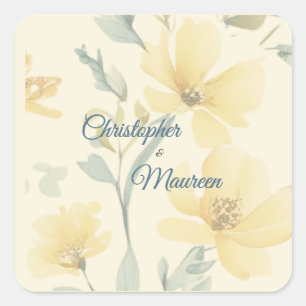 Adesivo Quadrado Casamento Floral Amarelo Suave Amarelo-Pálido
