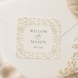 Adesivo Quadrado Casamento Floral Barroco Elegante em Marfim 