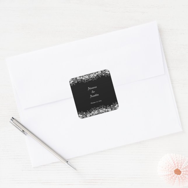 Adesivo Quadrado Casamento Floral Branco Negro (Envelope)