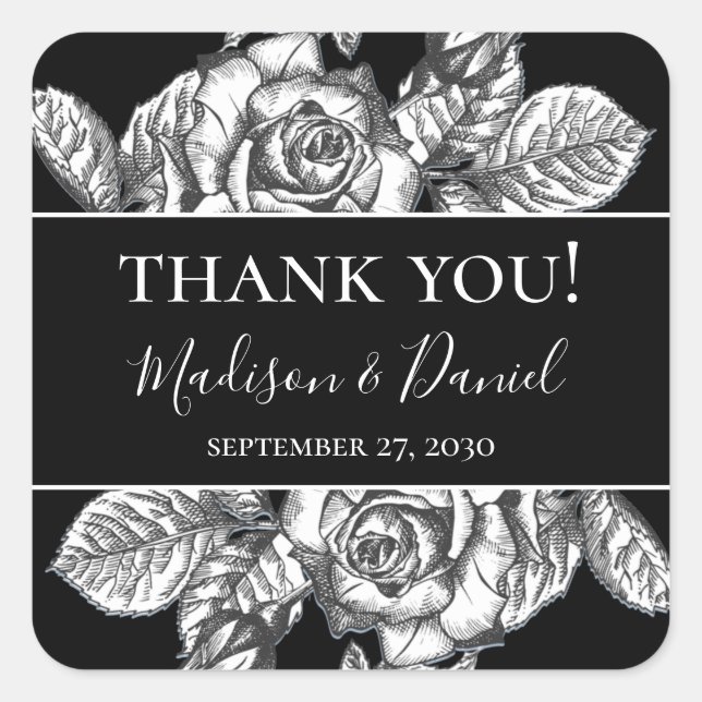 Adesivo Quadrado Casamento Floral Branco Negro Elegante Obrigado (Frente)