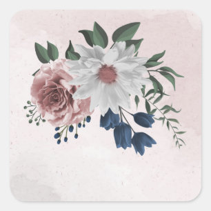 Adesivo Quadrado casamento floral branco rosa azul-rosa