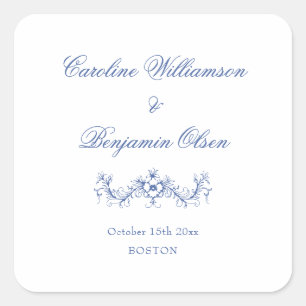 Adesivo Quadrado Casamento Floral Clássico Azul Elegante Francês Co