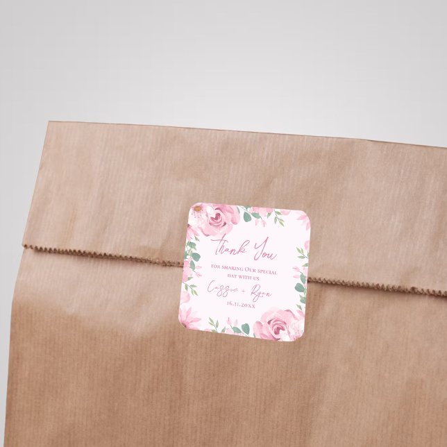 Adesivo Quadrado Casamento Floral Cor-de-Água Rosa Obrigado Quadrad (Watercolor Pink Floral Wedding Thank You Square Square Sticker)