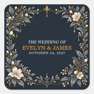 Adesivo Quadrado Casamento Floral Corvo Gótico Azul Dourado