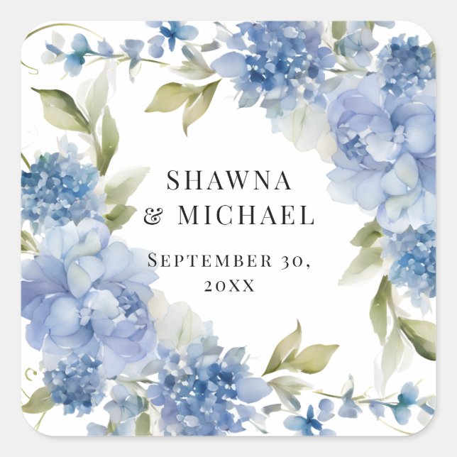 Adesivo Quadrado Casamento Floral de Água Azul Branco Moderno (Frente)