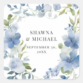 Adesivo Quadrado Casamento Floral de Água Azul Branco Moderno de Pr