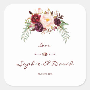 Adesivo Quadrado Casamento Floral de Borgonha Vermelha Marsala