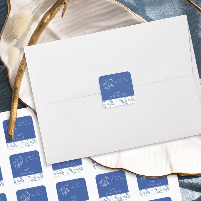 Adesivo Quadrado Casamento Floral de Chinoiserie Blue Elegant (Square blue wedding sticker from Chinoiserie Wedding Collection by Darling & May)