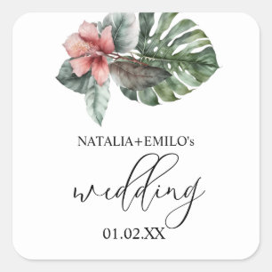Adesivo Quadrado Casamento Floral de Folha de Monstera em Aquarela