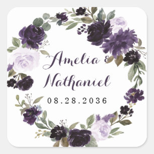 Adesivo Quadrado Casamento Floral de Folhas Roxas e Douradas
