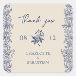 Adesivo Quadrado Casamento floral de fronteira azul de Vintage