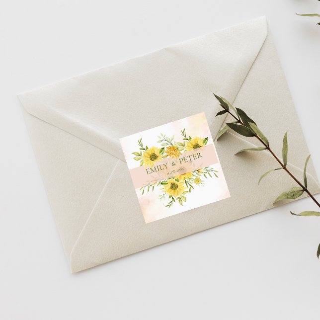 Adesivo Quadrado Casamento Floral de Girassol Amarelo Brilhante (Cute Bright Yellow Sunflower Floral Wedding Square Sticker)