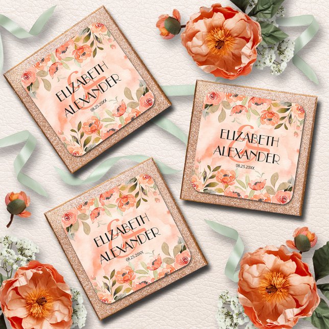 Adesivo Quadrado Casamento Floral de Laranja Laranja-Aquarela (Wedding Watercolor Orange Floral 3" Square Stickers)