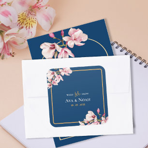 Adesivo Quadrado Casamento Floral de Magnólia Rosa Bege Naval Elega