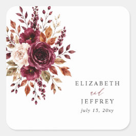 Adesivo Quadrado Casamento Floral de Outono Boho Elegante Burgundy