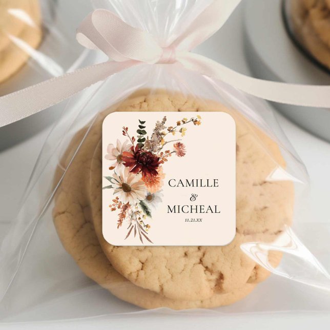 Adesivo Quadrado Casamento Floral de Outono Elegante (Boho Floral Wedding Favor Sticker)