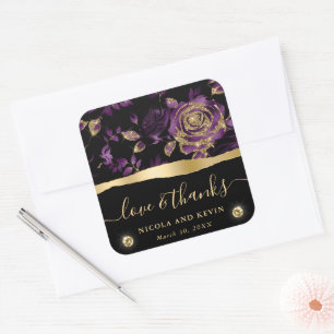 Adesivo Quadrado Casamento Floral de Rosa com Brilho Roxo e Dourado