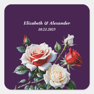 Adesivo Quadrado Casamento floral de rosas vermelhas brancas cor-de