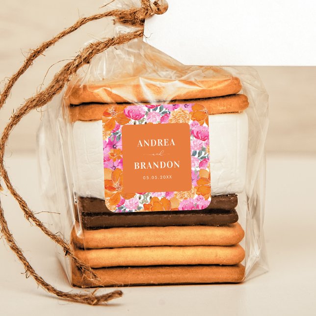 Adesivo Quadrado Casamento Floral de Verão Rosa e Laranja Brilhante (Criador carregado)