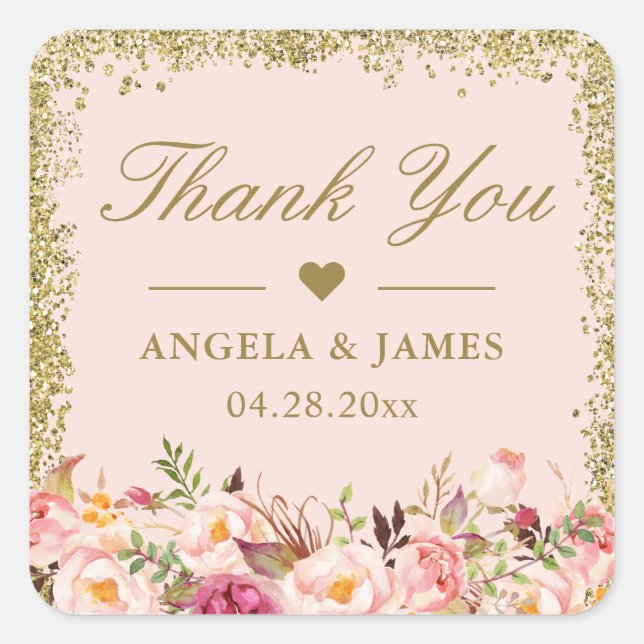 Adesivo Quadrado Casamento Floral Dourado Cor-de-Rosa Esbranquiçada (Frente)