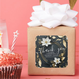 Adesivo Quadrado Casamento Floral Dourado e Branco Negro Obrigado