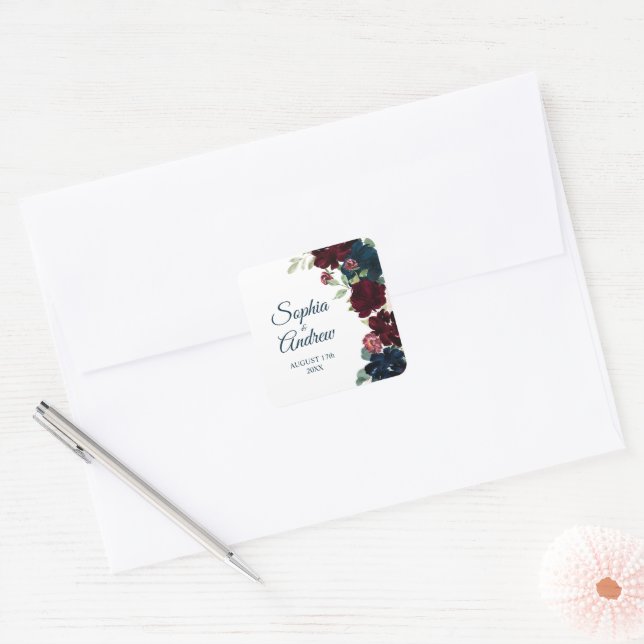 Adesivo Quadrado Casamento Floral Elegante Burgundy e Marinho (Envelope)