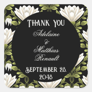 Adesivo Quadrado Casamento Floral Elegante Preto e Branco: Caligraf
