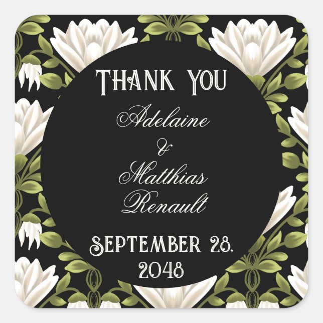 Adesivo Quadrado Casamento Floral Elegante Preto e Branco: Caligraf (Frente)