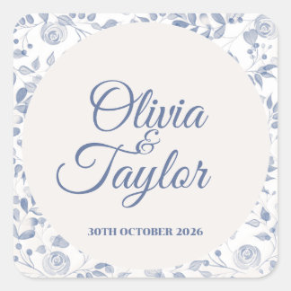 Adesivo Quadrado Casamento Floral em Aquarela Azul Desbotado