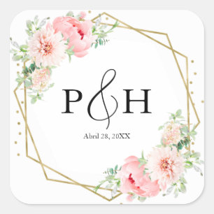 Adesivo Quadrado Casamento Floral Geométrico Monograma com Folha de