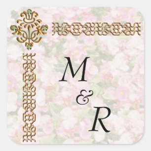 Adesivo Quadrado Casamento floral Jewelled ouro Monogrammed