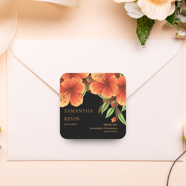 Adesivo Quadrado Casamento Floral Laranja Laranja Aquarela Obrigado (Watercolor Orange Floral Wedding Thank You Square Sticker)