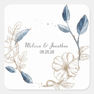 Adesivo Quadrado Casamento Floral Moderno Azul Ouro Elegante