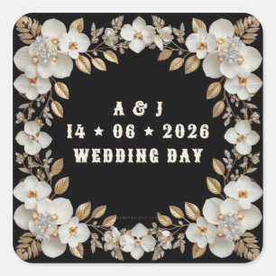 Adesivo Quadrado Casamento Floral Preto e Dourado com Flores Branca