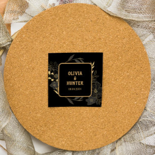 Adesivo Quadrado Casamento Floral Preto e Dourado Elegante