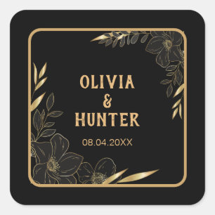 Adesivo Quadrado Casamento Floral Preto e Dourado Moderno 
