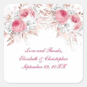 Adesivo Quadrado Casamento Floral Rosa Branco Dourado Rosado Tendên
