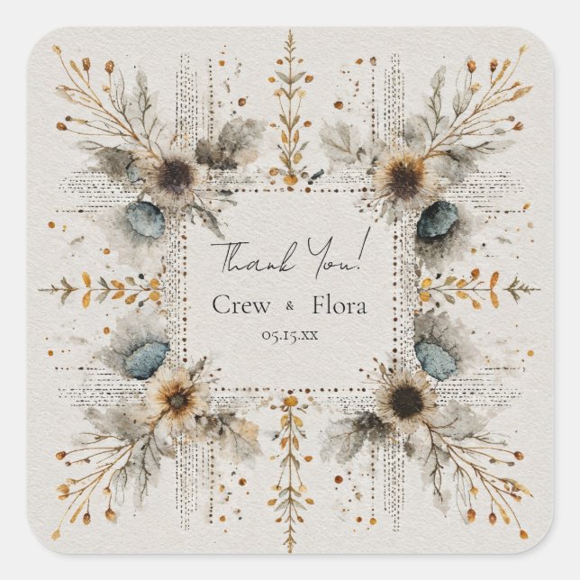Adesivo Quadrado Casamento Floral Rustic Folk Art (Frente)