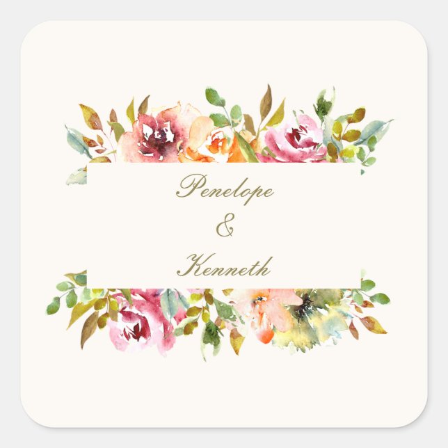Adesivo Quadrado Casamento Floral Rustic Watercolor Personalizado (Frente)