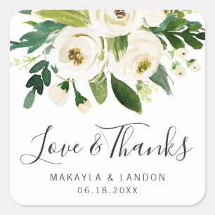 Adesivo Quadrado Casamento Floral Verde Elegante com Aquarela Branc