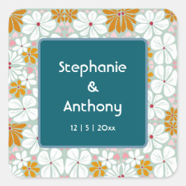 Adesivo Quadrado Casamento Flores Retro Groovy 70s Boho