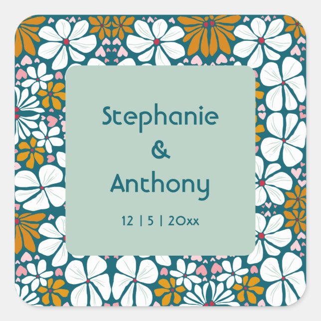 Adesivo Quadrado Casamento Flores Retro Groovy 70s Boho (Frente)