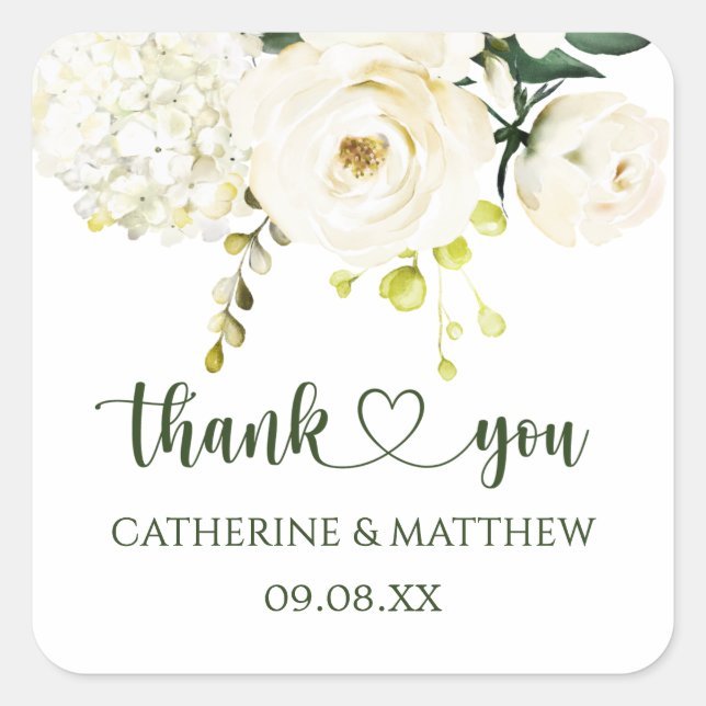 Adesivo Quadrado Casamento Foliar de Rosas Brancas Greenery (Frente)
