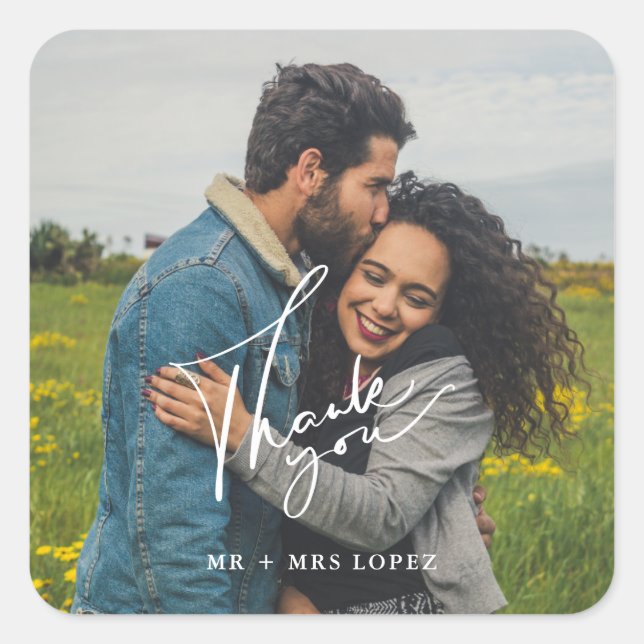 Adesivo Quadrado Casamento Fotográfico Simples Obrigado Pelos Stick (Frente)