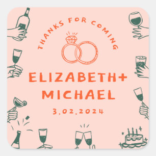 Adesivo Quadrado Casamento Funky Rosa Vermelho desenhado à mão