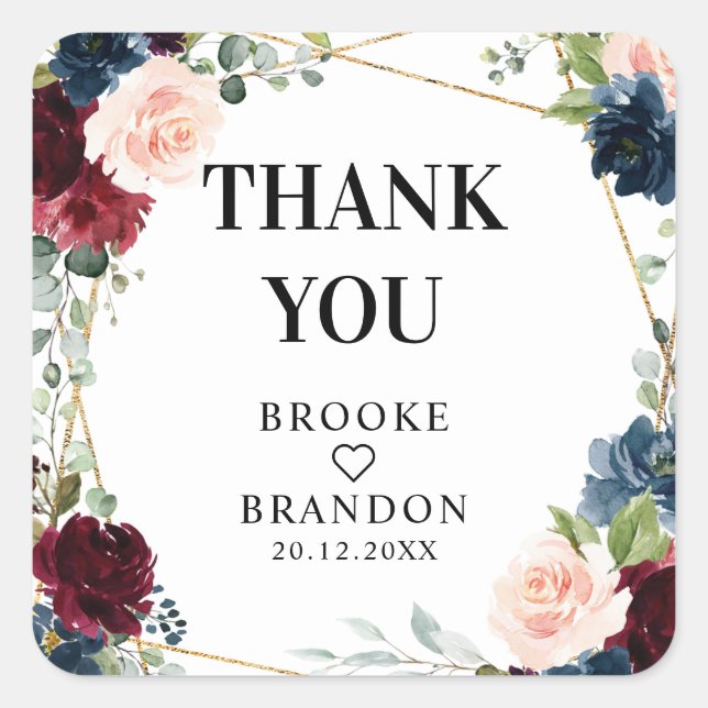 Adesivo Quadrado Casamento Geométrico Floral de Blush Marinho Burgu (Frente)