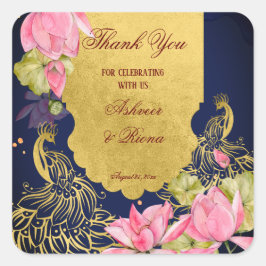 Adesivo Quadrado Casamento indiano do lótus de pavão dourado azul r