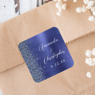 Adesivo Quadrado Casamento Letra Cursiva Brilho Metal Liso Azul Mar